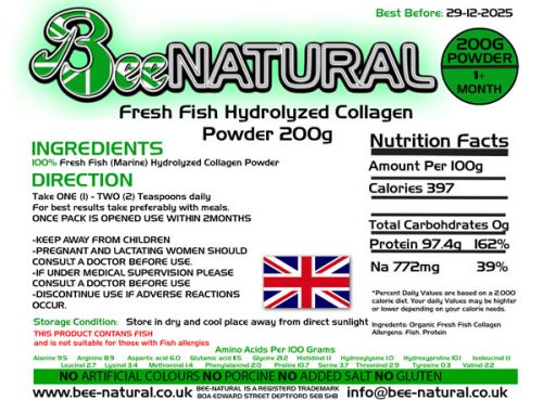 Hydrolyzed Marine Collagen Fish Powder 200g label